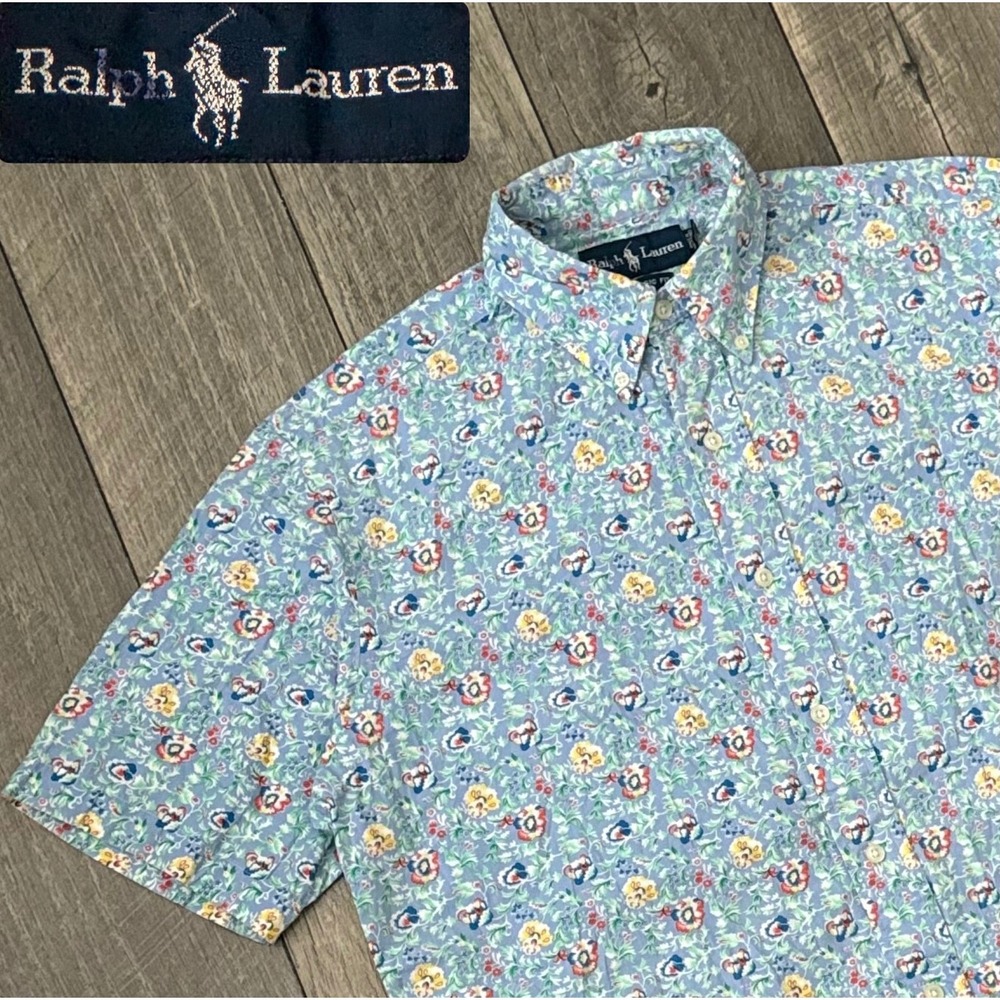 VTG Ralph Lauren Classic Fit Floral Short Sleeve Button Down Shirt Blue Mens S